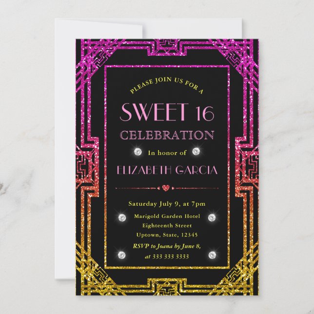 Rosa och gul glitter Art Deco ram Sweet 16 Inbjudningar (Framsida)