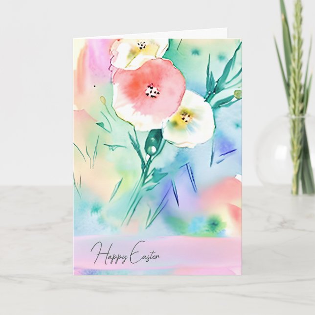 Rosa och gula akvarellblommor anpassad påsk helgkort (Framsida)