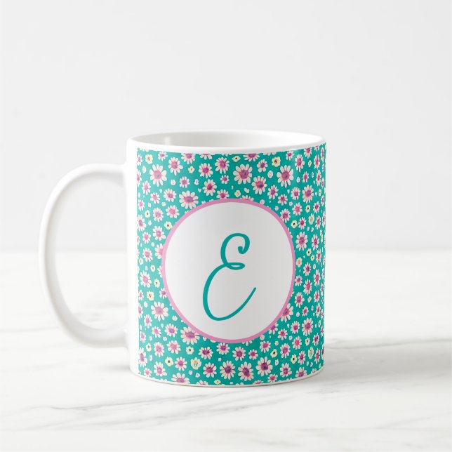 Rosa och gula akvarellprästkragar monogram kaffemugg (Vänster)