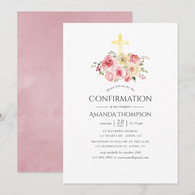 Rosa och gula blommiga konfirmation inbjudningar (Fram/baksida)