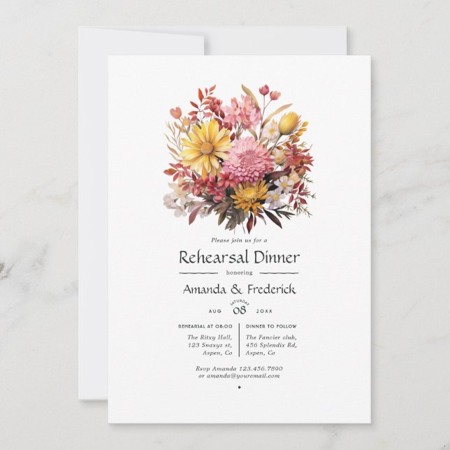 Rosa och gula blommiga övningsmiddag före bröllope inbjudningar (Framsida)
