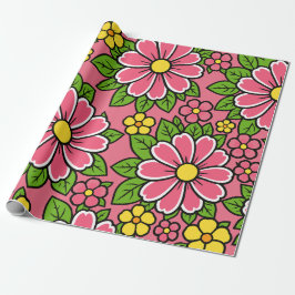 Rosa och gula blommönster med gröna blad presentpapper
