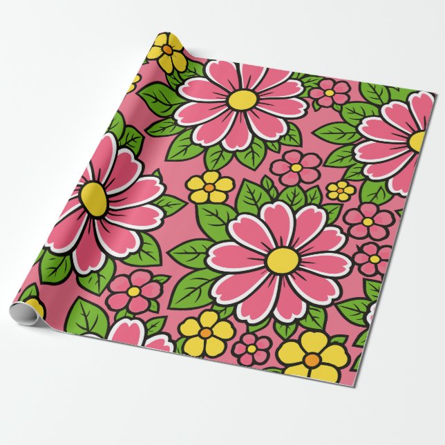 Rosa och gula blommönster med gröna blad presentpapper (Utrullad)
