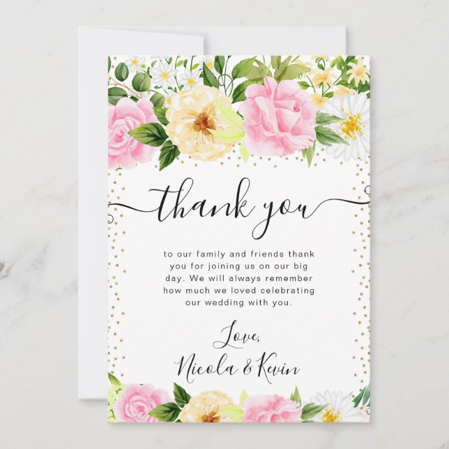 Rosa och Gula blommor Bröllop Tack Kort (Framsida)