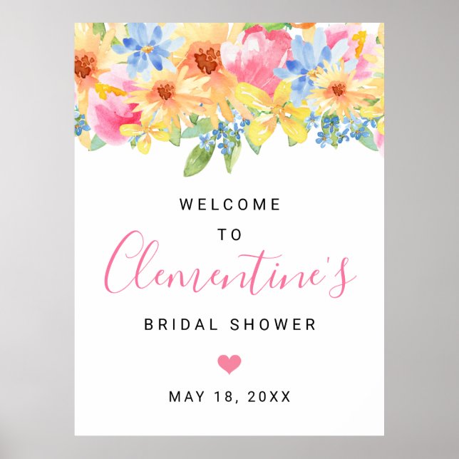 Rosa och gula blommor Bröllopsdusch välkommen Poster (Framsidan)