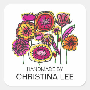Rosa och Gula blommor, etiketter "Handmade by"