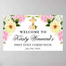 Rosa och Gula blommor Första Heligan Kommunision Poster