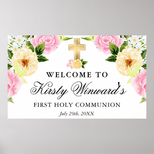 Rosa och Gula blommor Första Heligan Kommunision Poster (Framsidan)