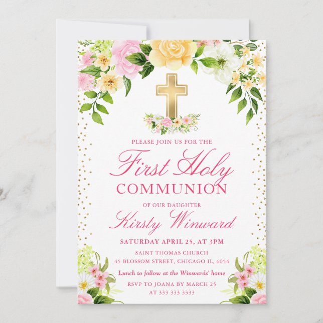 Rosa och gula blommor Första kommunion Inbjudningar (Framsida)
