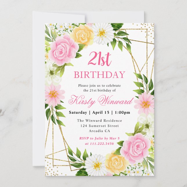 Rosa och gula blommor Guld ram 21-årsdag Inbjudningar (Framsida)