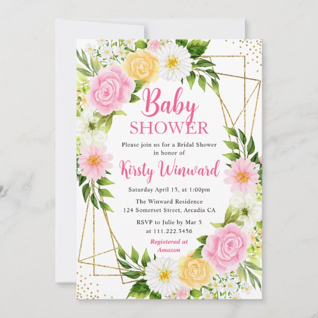 Rosa och gula blommor & guld ram baby shower inbjudningar (Framsida)