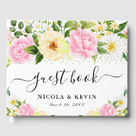 Rosa och Gula blommor Guld Ram Bröllop Gästböcker