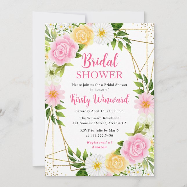 Rosa och gula blommor Guld ram Bröllopsdusch Inbjudningar (Framsida)