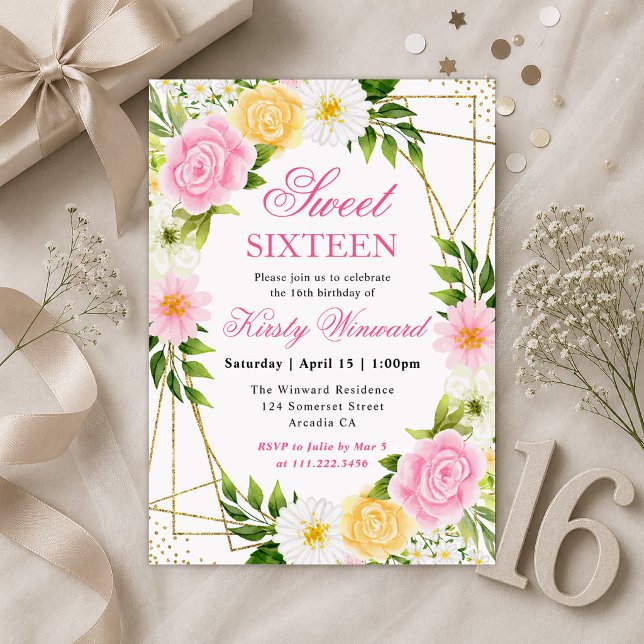 Rosa och gula blommor Guld ram Sweet 16 Inbjudningar (Skapare uppladdad)