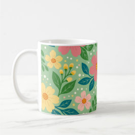 Rosa och gula blommor med gröna och blå blad kaffemugg