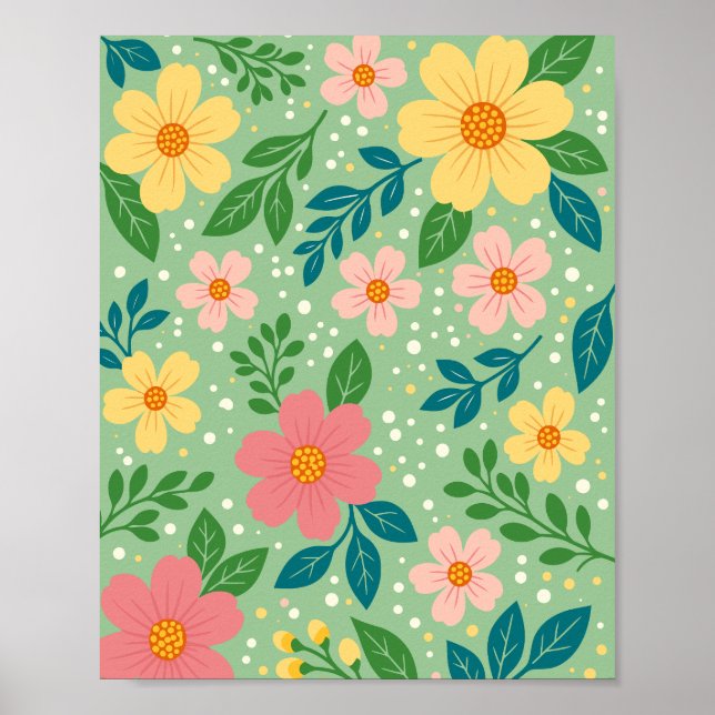 Rosa och gula blommor med gröna och blå blad poster (Framsidan)