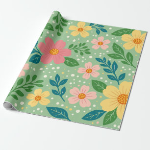 Rosa och gula blommor med gröna och blå blad presentpapper