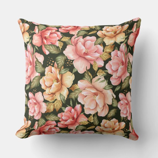 Rosa och gula blommor. Romantic mönster Kudde (Framsida)