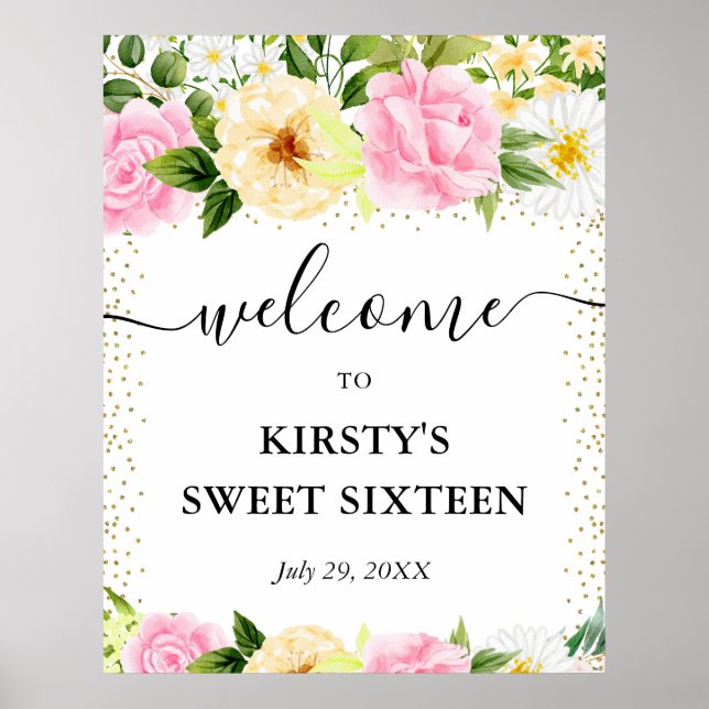 Rosa och gula blommor Sweet 16 välkommen Poster (Framsidan)