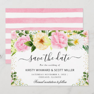 Rosa och gula sommarblommor bröllop spara datumet