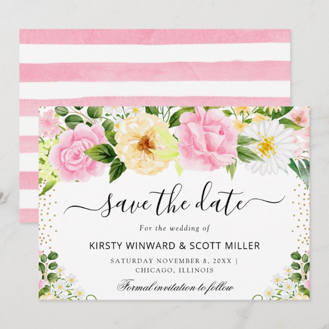 Rosa och gula sommarblommor bröllop spara datumet (Fram/baksida)