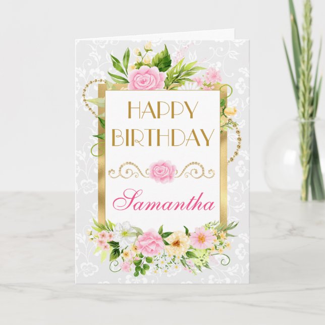 Rosa och gula sommarblommor guld folie födelsedag kort (Framsida)