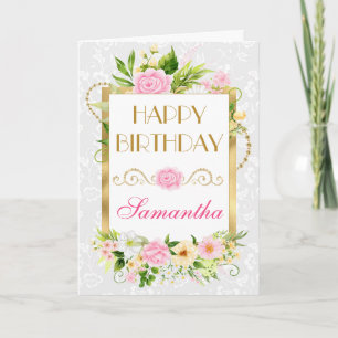 Rosa och gula sommarblommor guld folie födelsedag kort
