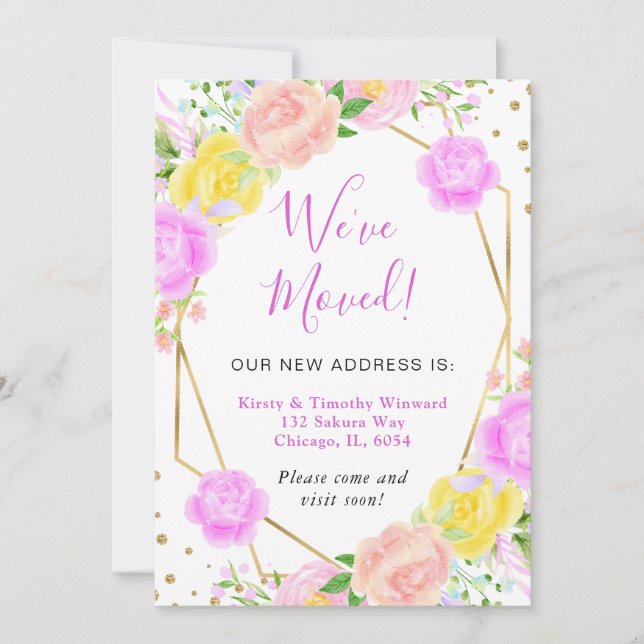 Rosa och gula sommarblommor Ram Vi har flyttat Meddelande (Framsida)