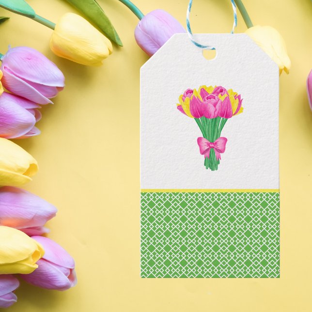 Rosa och gula tulpanbuketter presentetikett (Pink and yellow Tulip Bouquet Gift Tags)