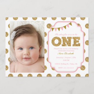 Rosa och guld 1:a födelsedag inbjudningar