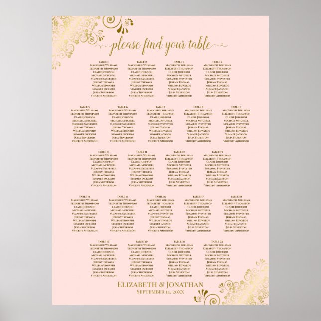  Rosa och Guld 22 passagerarlistor för Bröllop i B Poster (Framsidan)