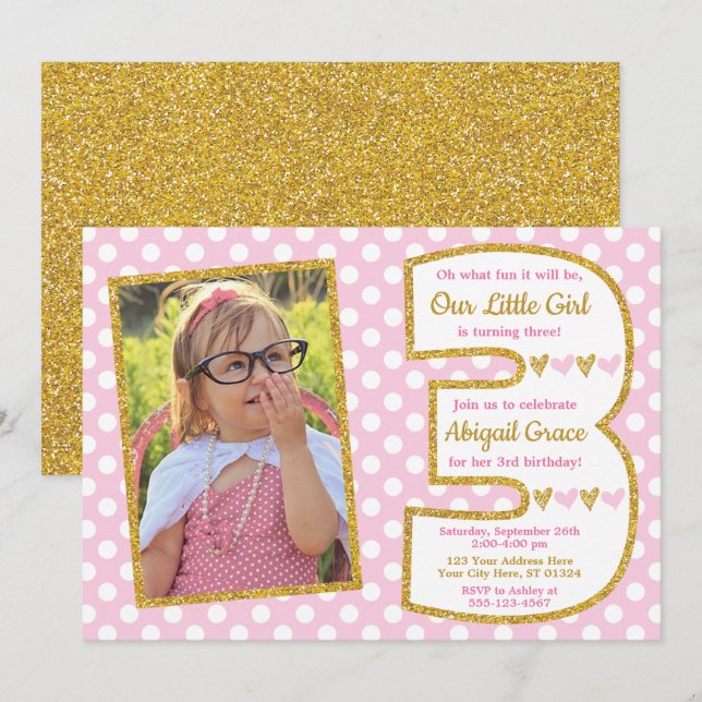 Rosa och Guld 3:e födelsedagsinbjudan Inbjudningar (Fram/baksida)