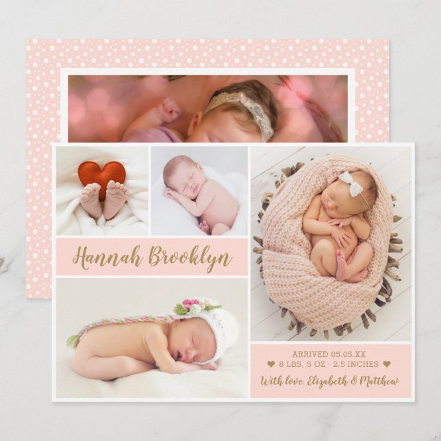 Rosa och Guld 4 Fotokollage Birth Notice Meddelande (Fram/baksida)