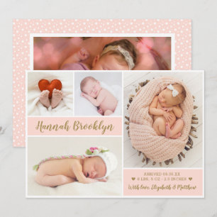 Rosa och Guld 4 Fotokollage Birth Notice Meddelande