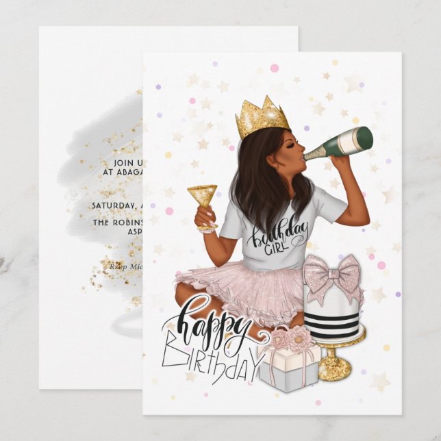 Rosa och Guld African American Girl Födelsedagsfes Inbjudningar (Fram/baksida)