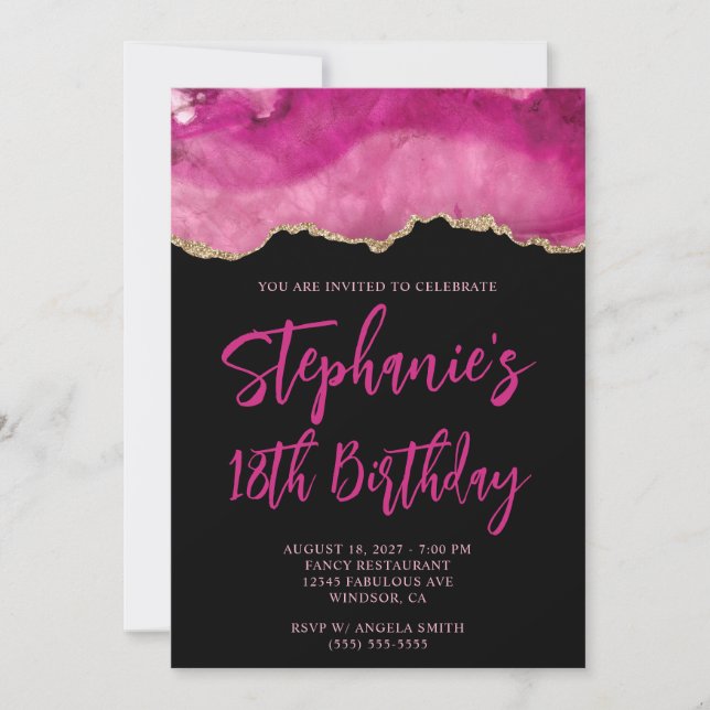 Rosa och Guld Agate Black Bold 18:e födelsedagen Inbjudningar (Framsida)