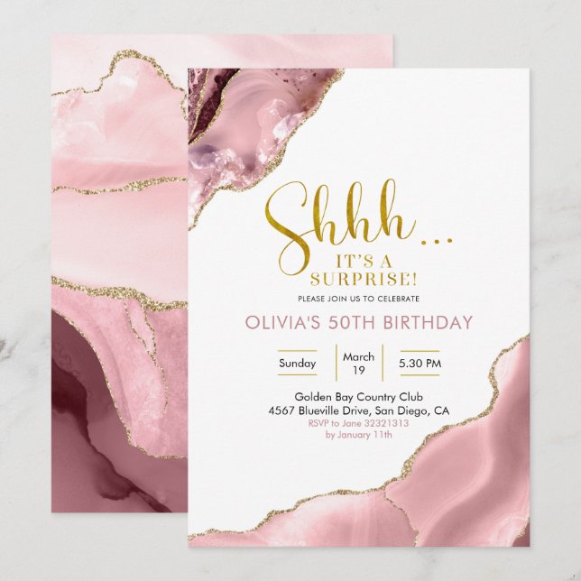 Rosa  och Guld Agate Surprise Birthday Invita Inbjudningar (Fram/baksida)
