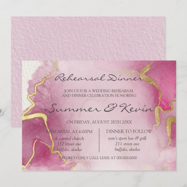 Rosa och guld Agate Vattenfärg Rehearsal Middag In Inbjudningar (Fram/baksida)