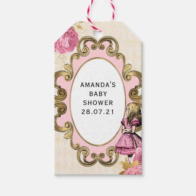Rosa och guld Alice i Underlandet Baby Shower Presentetikett (Framsidan)