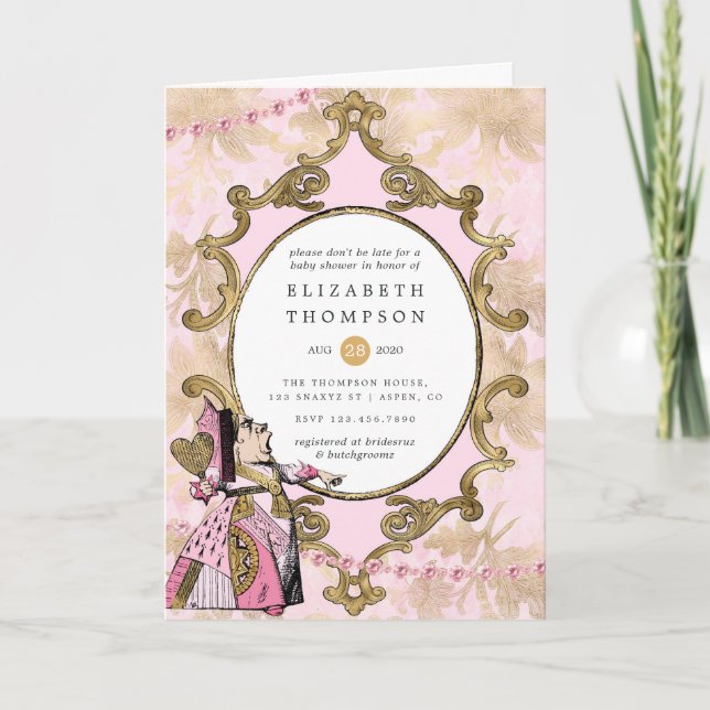 Rosa och Guld Alice i underlandet Babyskor Inbjudan (Framsida)