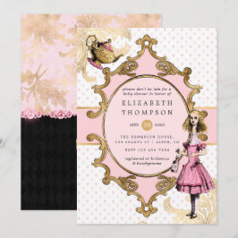 Rosa och guld Alice i Underlandet Bebis Shower Inbjudningar