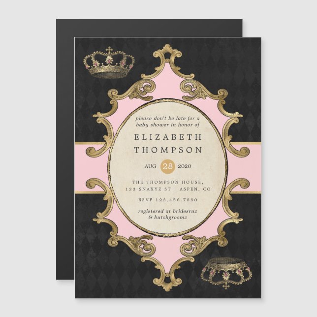 Rosa och Guld Alice i Wonderland Baby Shower Magnetisk Inbjudningskort (Fram/baksida)