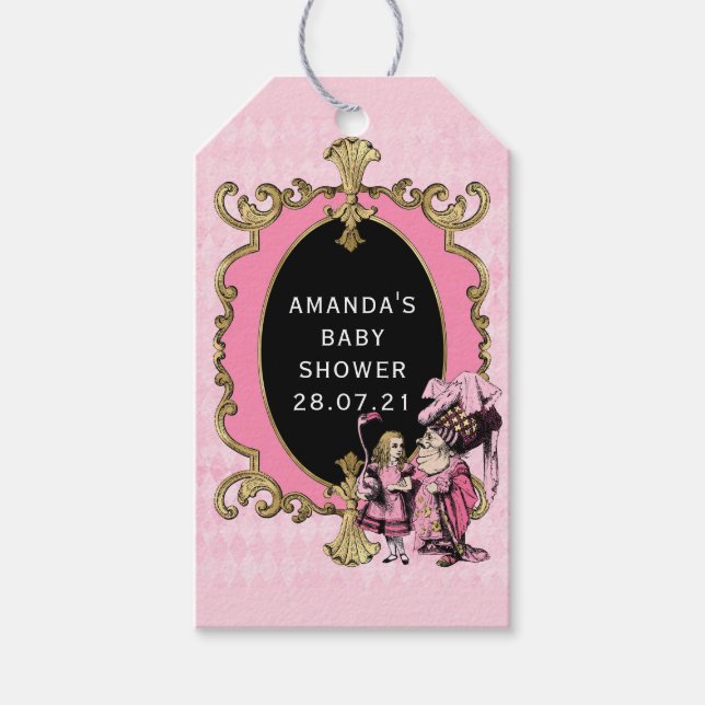 Rosa och Guld Alice i Wonderland Baby Shower Presentetikett (Framsidan)