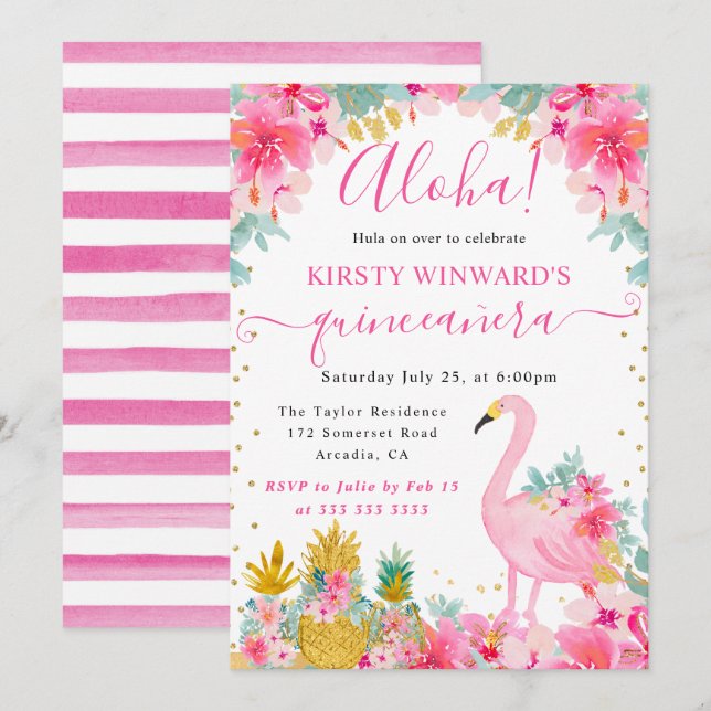 Rosa och Guld ananas & Flamingo Quinceanera Inbjudningar (Fram/baksida)