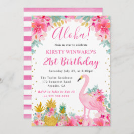 Rosa och Guld Ananas och Flamingo 21:a födelsedage Inbjudningar