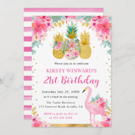 Rosa och Guld Ananas och Flamingo 21:a födelsedage Inbjudningar