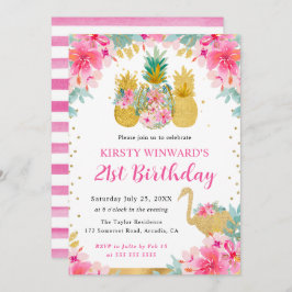 Rosa och Guld Ananas och Flamingo 21:a födelsedage Inbjudningar