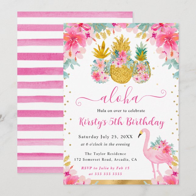Rosa och Guld ananas och Flamingo Barns födelsedag Inbjudningar (Fram/baksida)