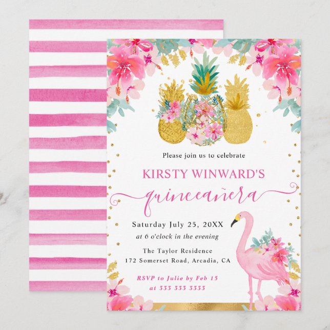 Rosa och Guld ananas och Flamingo Quinceanera Inbjudningar (Fram/baksida)