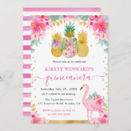 Rosa och Guld ananas och Flamingo Quinceanera Inbjudningar